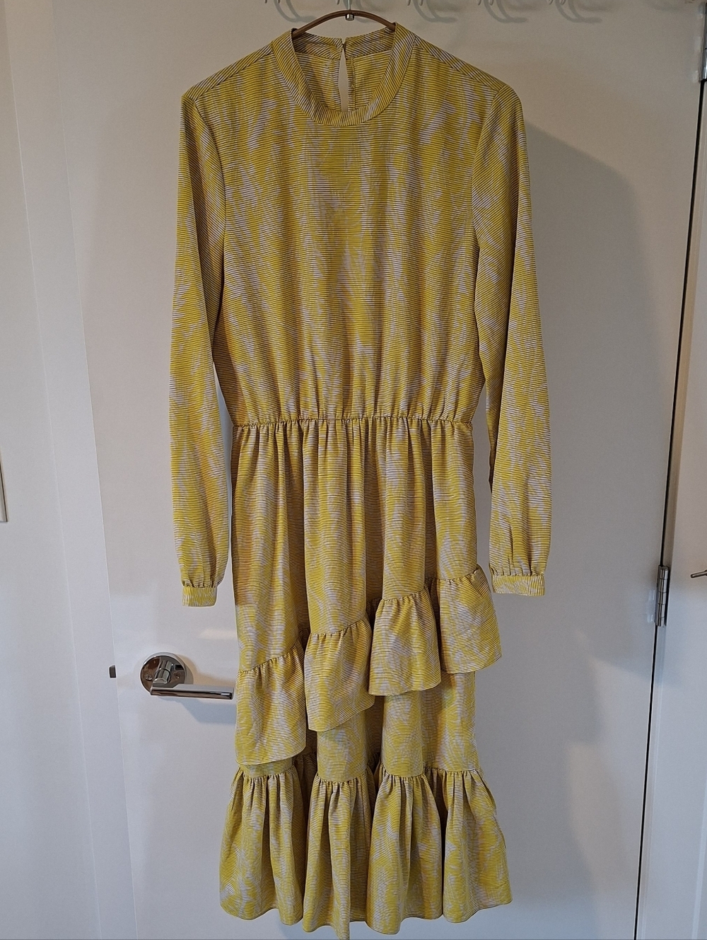 Vintage Yellow Palm Print/Striped Tiered Ruffle-hem Long-sleeve Dress (Size S)